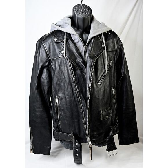 ALL SAINTS Charter Distressed Leather Biker Jacket Zip Out Hoodie Men's MED